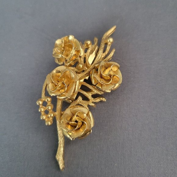 Coro Signed Vintage 1950S Women's Fashion Jewelry Gold Tone Brooch Pin Roses - Picture 2 of 6